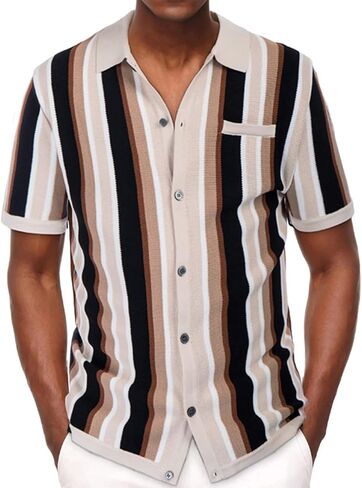 Men’s Short Sleeve Knit Shirt Vintage Stripe Lapel Collar Polo Shirt in Kuwait