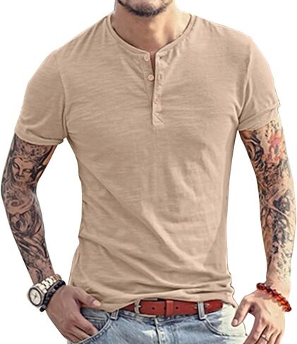 تي شيرت رجالي من Pallgg مصنوع من القطن بقصة ضيقة وقصة ضيقة مع زر in Kuwait