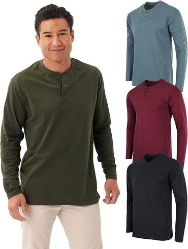 مجموعة 3 قطع من Real Essentials: تي شيرت Henley رجالي قطني بأكمام طويلة - تي شيرت كاجوال للعمل (متوفر بمقاس كبير وطويل) in Kuwait