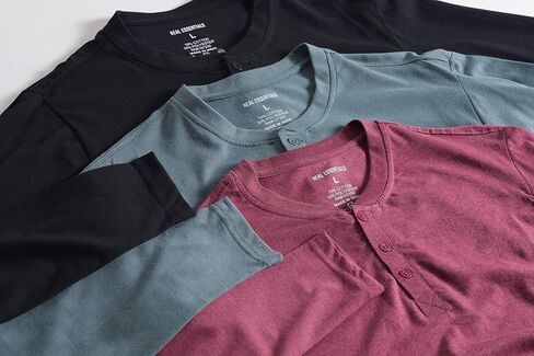 مجموعة 3 قطع من Real Essentials: تي شيرت Henley رجالي قطني بأكمام طويلة - تي شيرت كاجوال للعمل (متوفر بمقاس كبير وطويل) in Kuwait