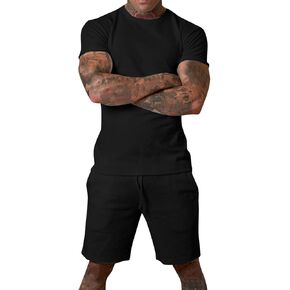 Mens 2 Piece Set, Men Sport Set Summer Outfit Short Sleeve Tee Shirts and Shorts Stylish Casual Tracksuit Set in Kuwait