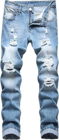 Men's Ripped Distressed Destroyed Jeans Slim Fit Straight Leg Hip Hop Denim Pants Vintage Washed Jean with Holes in Saudi Arabia
