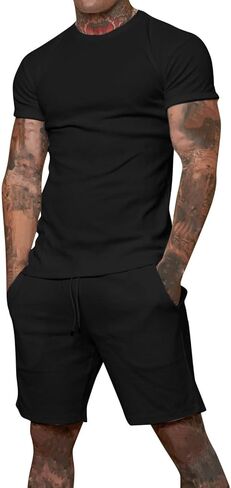 Mens 2 Piece Set, Men Sport Set Summer Outfit Short Sleeve Tee Shirts and Shorts Stylish Casual Tracksuit Set in Kuwait
