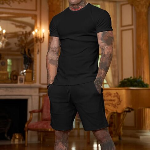 Mens 2 Piece Set, Men Sport Set Summer Outfit Short Sleeve Tee Shirts and Shorts Stylish Casual Tracksuit Set in Kuwait