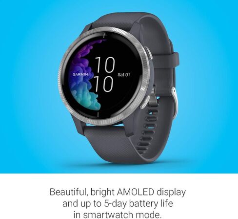 ساعة ذكية Garmin 010-02173-11 Venu، نظام تحديد المواقع العالمي (GPS) مع شاشة لمس ساطعة، تتميز بالموسيقى ومراقبة طاقة الجسم وتمارين الرسوم المتحركة ومستشعر نبض الثور والمزيد، أسود in Kuwait