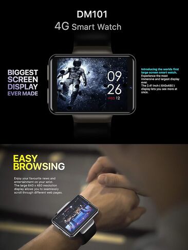 DM101 4G Smart Watch for Men 2.41" Display Android 7.1 3GB RAM 32GB ROM 2080mAh Watch Phone with Face ID Dual Camera Bluetooth GPS IP67 Waterproof Smartwatch (Black) in Saudi Arabia