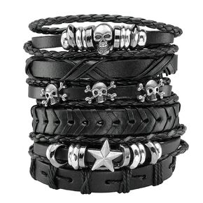 Milakoo 6Pcs Men Braided Leather Bracelet Black Punk Rock Skull Bracelet