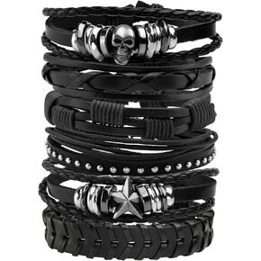 MILAKOO Women Men Leather Bracelet Black Braided Rope Bracelet Wristband Punk Jewelry Skull