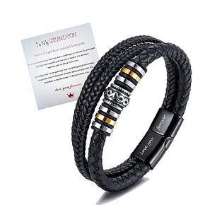 To My Son/To My Grandson Bracelet- "I Will Always Be With You" Braided Leather Bracelet for Men Boys, Stainless Steel Inspirational Wristband, Handmade Mens Braided Leather Bracelet Bangle Wristband