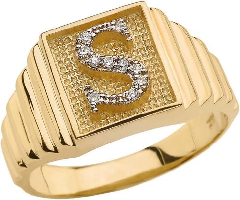 Personalized Men's 14k Yellow Gold Layered Band Square Face Diamond Initial Letter"A-Z" Ring in Saudi Arabia