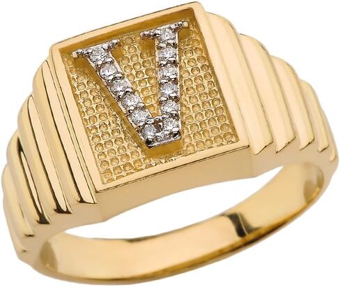 Personalized Men's 14k Yellow Gold Layered Band Square Face Diamond Initial Letter"A-Z" Ring in Saudi Arabia