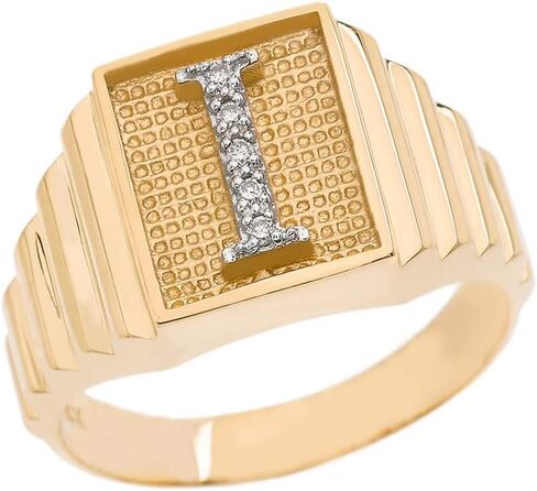 Personalized Men's 14k Yellow Gold Layered Band Square Face Diamond Initial Letter"A-Z" Ring in Saudi Arabia