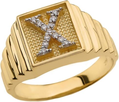 Personalized Men's 14k Yellow Gold Layered Band Square Face Diamond Initial Letter"A-Z" Ring in Saudi Arabia