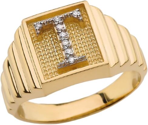 Personalized Men's 14k Yellow Gold Layered Band Square Face Diamond Initial Letter"A-Z" Ring in Saudi Arabia