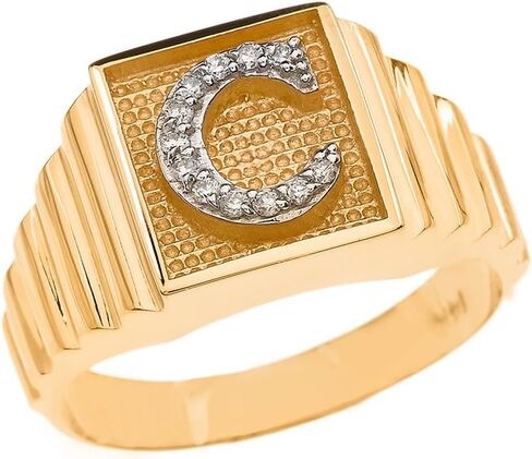 Personalized Men's 14k Yellow Gold Layered Band Square Face Diamond Initial Letter"A-Z" Ring in Saudi Arabia