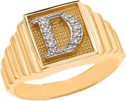 Personalized Men's 14k Yellow Gold Layered Band Square Face Diamond Initial Letter"A-Z" Ring in Saudi Arabia