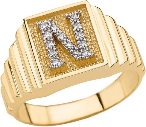 Personalized Men's 14k Yellow Gold Layered Band Square Face Diamond Initial Letter"A-Z" Ring in Saudi Arabia