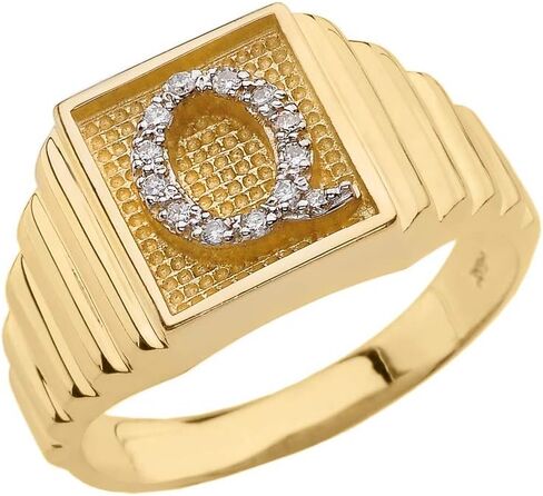 Personalized Men's 14k Yellow Gold Layered Band Square Face Diamond Initial Letter"A-Z" Ring in Saudi Arabia