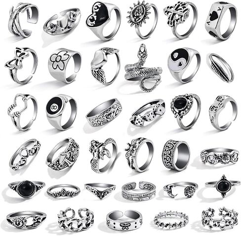 35 Pcs Vintage Silver Knuckle Rings Set for Women Men, 17IF Chunky Rings Aesthetic Snake Grunge Stackable Gothic Ring Adjustable Y2K Punk Bulky Boho Finger Alt of Rings, Stacking Fairy Skull Frog Heart Star Flower Midi Ring Pack in Saudi Arabia