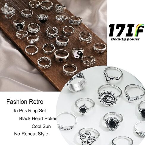 35 Pcs Vintage Silver Knuckle Rings Set for Women Men, 17IF Chunky Rings Aesthetic Snake Grunge Stackable Gothic Ring Adjustable Y2K Punk Bulky Boho Finger Alt of Rings, Stacking Fairy Skull Frog Heart Star Flower Midi Ring Pack in Saudi Arabia