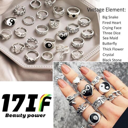 35 Pcs Vintage Silver Knuckle Rings Set for Women Men, 17IF Chunky Rings Aesthetic Snake Grunge Stackable Gothic Ring Adjustable Y2K Punk Bulky Boho Finger Alt of Rings, Stacking Fairy Skull Frog Heart Star Flower Midi Ring Pack in Saudi Arabia