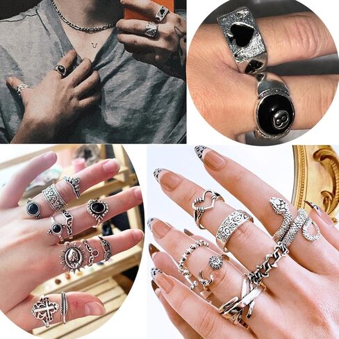 35 Pcs Vintage Silver Knuckle Rings Set for Women Men, 17IF Chunky Rings Aesthetic Snake Grunge Stackable Gothic Ring Adjustable Y2K Punk Bulky Boho Finger Alt of Rings, Stacking Fairy Skull Frog Heart Star Flower Midi Ring Pack in Saudi Arabia
