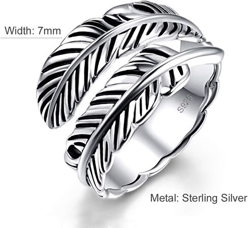 AVECON 925 Sterling Silver Adjustable Feather Ring Vintage Statement Leaf Ring for Women Men in Kuwait