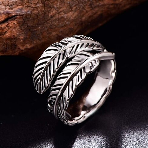 AVECON 925 Sterling Silver Adjustable Feather Ring Vintage Statement Leaf Ring for Women Men in Kuwait
