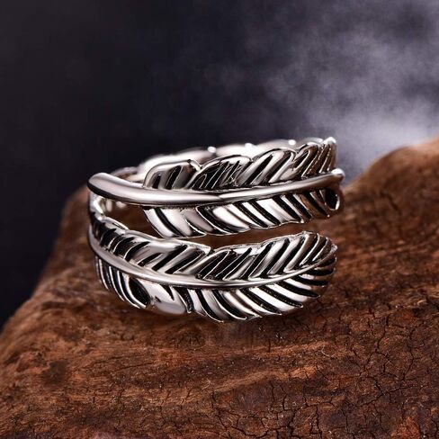 AVECON 925 Sterling Silver Adjustable Feather Ring Vintage Statement Leaf Ring for Women Men in Kuwait