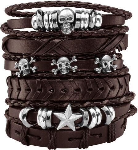 Milakoo 6Pcs Men Braided Leather Bracelet Black Punk Rock Skull Bracelet in Saudi Arabia