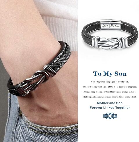 Mother and Son Forever Linked Together Braided Leather Bracelet, Men's Stainless Braided Leather Bracelet Bangle Wristband,Inspirational birthday gift from mom to son in Saudi Arabia