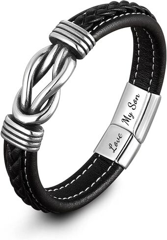 Mother and Son Forever Linked Together Braided Leather Bracelet, Men's Stainless Braided Leather Bracelet Bangle Wristband,Inspirational birthday gift from mom to son in Saudi Arabia