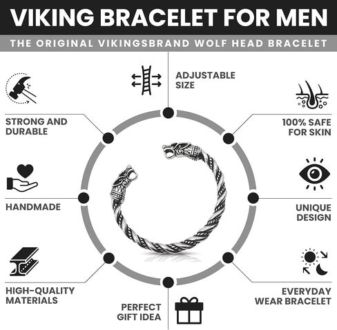 فايكينغز براند سوار فايكنغ للرجال - مجوهرات وثنية - حلقات ذراع على شكل رؤوس ذئب نورس جود اودين، مقاس واحد، معدن, One Size, معدن in Kuwait