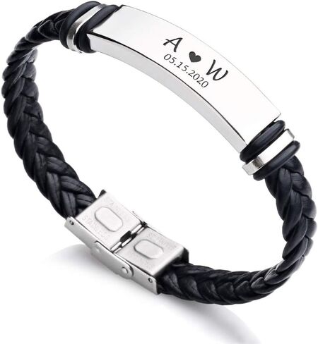 Personalized Mens Bracelet | Leather Engraved Bracelet Gift for Boyfriend Husband Dad Bestman | Gift for Christmas, Birthday, Wedding, Anniversary, Father's Day | Customised Name in Saudi Arabia