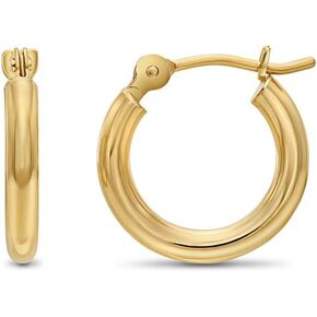 14k Yellow Gold Classic Shiny Polished Round Hoop Earrings, 2mm tube in Saudi Arabia
