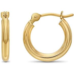 14k Yellow Gold Classic Shiny Polished Round Hoop Earrings, 2mm tube