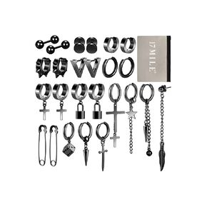 Black Cross Dangle Earrings for Men, 25 Pieces Stainless Steel Long Chain Piercing Hoop Earrings Set for Unisex