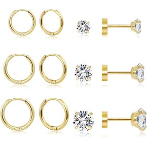 Dainty 6 Pairs Earrings Sets for Multiple Piercing, Lightweight 14K Gold Plated Small Huggie Hoop Earrings, Flat Back Tiny Ball CZ Stud Earrings for Cartilage, Helix, Lobe, Hypoallergenic in Saudi Arabia