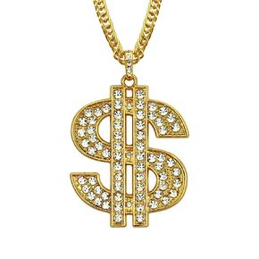 Dollar Sign Necklace Hip Hop Money Dollar Iced Out Rhinestone Gold Chain Necklace for Women Men Bar Party Jewelry