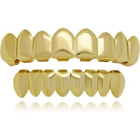 LuReen 8 Teeth Grillz 14k Gold Top and Bottom Grills Set Shiny Hip Hop Teeth Grillz + Extra Molding Bars in Saudi Arabia