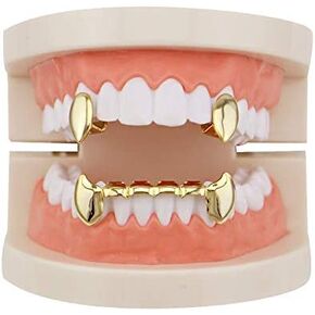 OOCC 18k Gold Plated Grillz Vampire Dracula Teeth Grillz 2pc Single Fangs and 6 Bottom Grillz Set