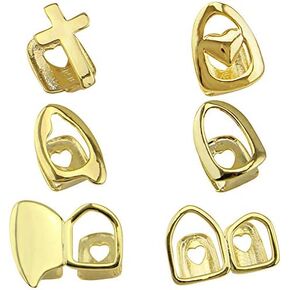 OOCC 6PC 18K Plated Gold Grillz Mouth Teeth Top Tooth Single Grill Cap for Teeth Mouth Party Accessories Teeth Grills