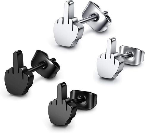 JOVIVI 2pairs Punk Stainless Steel 20g Silver Black Middle Finger Ear Studs Earrings Womens Mens in Saudi Arabia