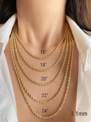14K 10K Real Gold Rope Chain - 2.6mm 3.1mm 3.5mm 4.4mm 4.9mm Diamond Cut Twist Link Chain For Men - Dainty Gold Pendant Necklace For Women 16" 18" 20" 22" 24" in Saudi Arabia