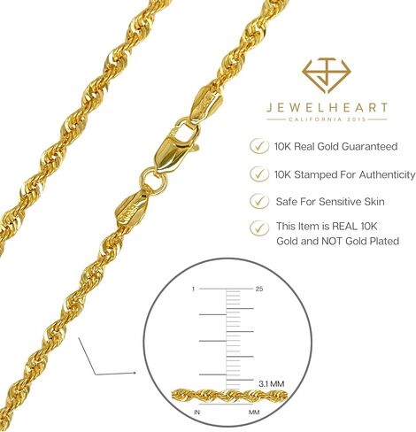 14K 10K Real Gold Rope Chain - 2.6mm 3.1mm 3.5mm 4.4mm 4.9mm Diamond Cut Twist Link Chain For Men - Dainty Gold Pendant Necklace For Women 16" 18" 20" 22" 24" in Saudi Arabia