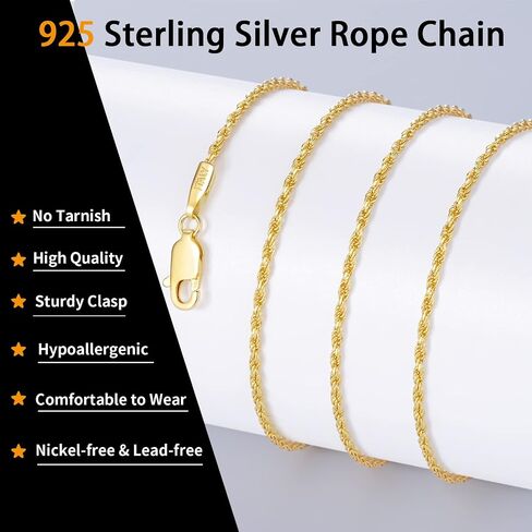 Jewlpire Diamond Cut 925 Sterling Silver Chain Rope Chain Italian Silver Necklace Chain for Women Men Super Shiny Durable 1.35mm Size 16,18, 20, 22, 24 Inches in Kuwait
