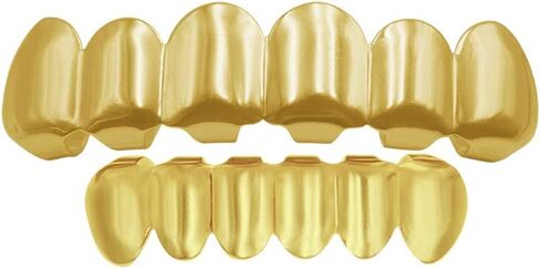 24K Plated Gold Grillz for Men and Women - Mouth Top & Bottom Hip Hop Teeth Grills Set with 2 Extra Molding Bars, Gold Grills for Teeth Rapper Costume Cosplay in Kuwait