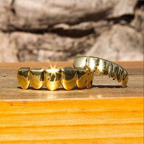24K Plated Gold Grillz for Men and Women - Mouth Top & Bottom Hip Hop Teeth Grills Set with 2 Extra Molding Bars, Gold Grills for Teeth Rapper Costume Cosplay in Kuwait
