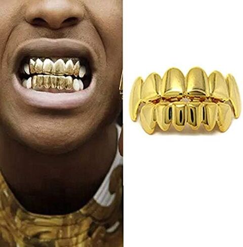 24K Plated Gold Grillz for Men and Women - Mouth Top & Bottom Hip Hop Teeth Grills Set with 2 Extra Molding Bars, Gold Grills for Teeth Rapper Costume Cosplay in Kuwait
