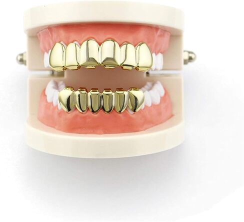 24K Plated Gold Grillz for Men and Women - Mouth Top & Bottom Hip Hop Teeth Grills Set with 2 Extra Molding Bars, Gold Grills for Teeth Rapper Costume Cosplay in Kuwait